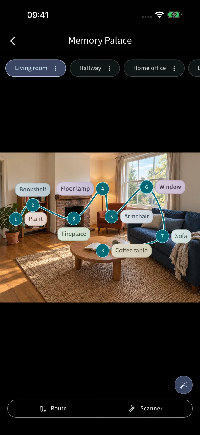 Memory Palace route in Tvoryvo: a living room photo with numbered loci — plant, bookshelf, fireplace, floor lamp, armchair