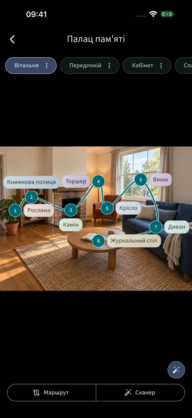 Маршрут у палаці пам'яті Tvoryvo: вітальня з пронумерованими локусами — рослина, книжкова полиця, камін, торшер, крісло